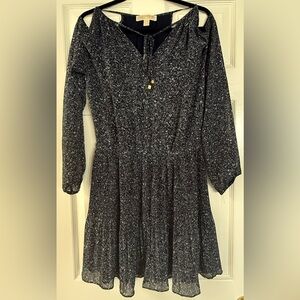 Michael Kors navy blue and white patterned cold-shoulder dress.